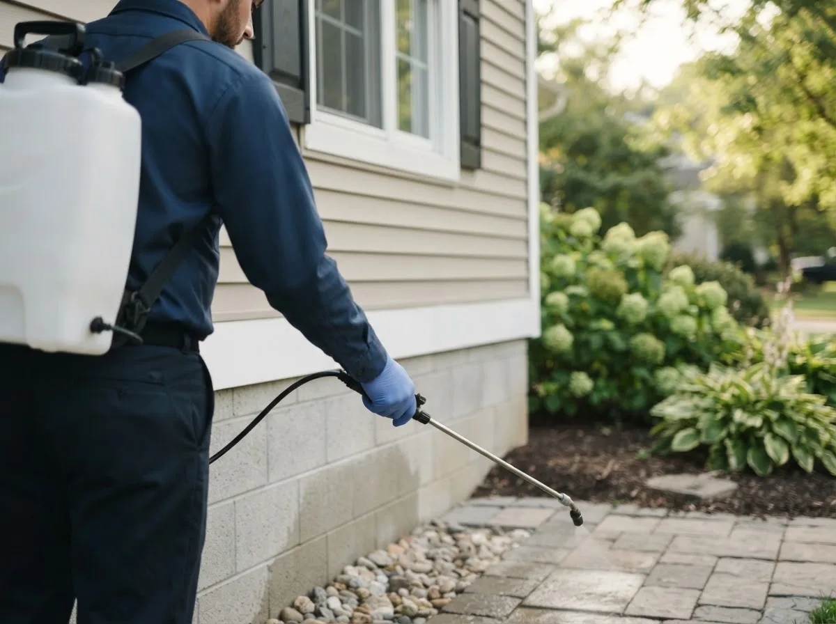 Pest control technician inspecting a home in Petty, TX